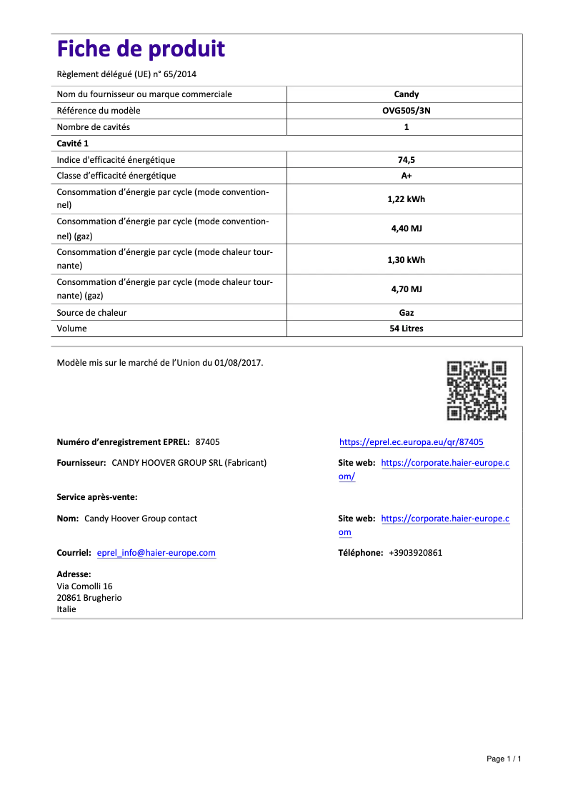 Page n°1 - Manuel utilisateur Candy OVG505/3N