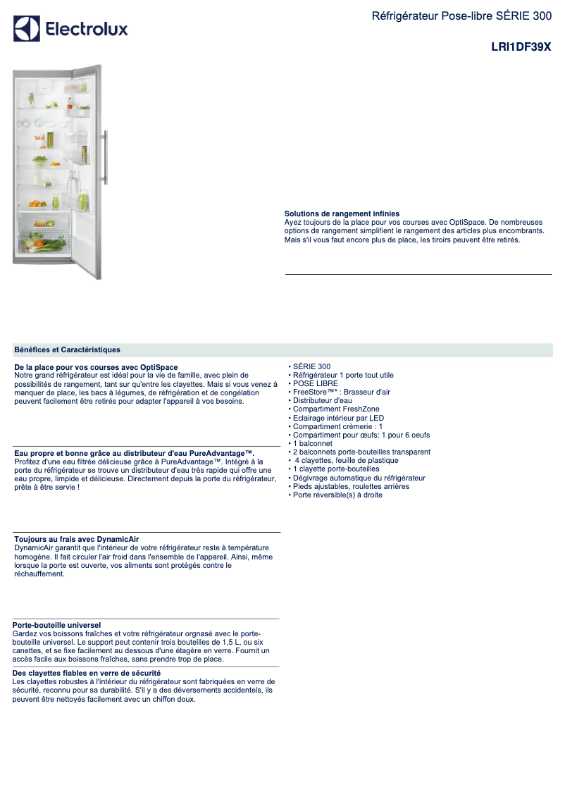 Page 1 de la notice Fiche technique Electrolux LRI1DF39X