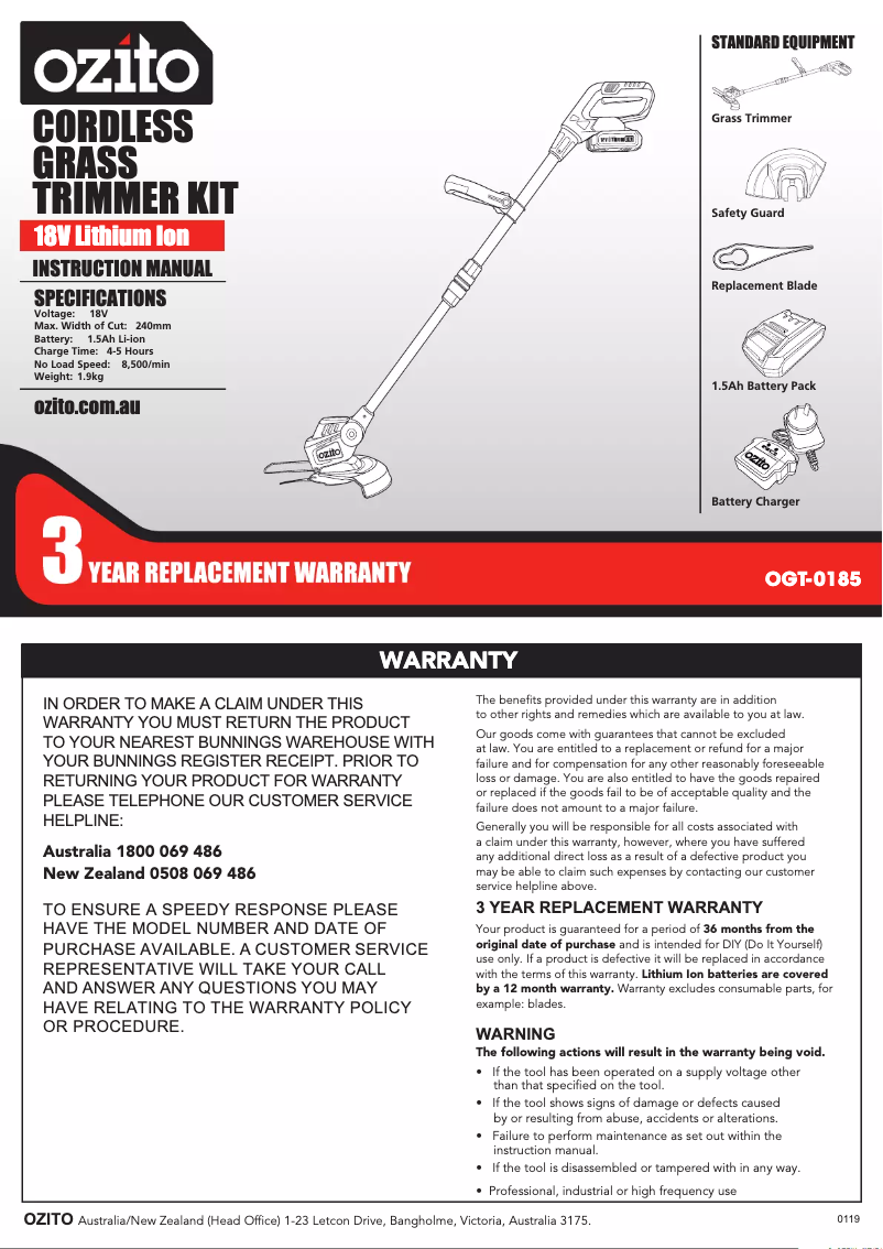 Page n°1 - Manuel utilisateur Ozito OGT-0185