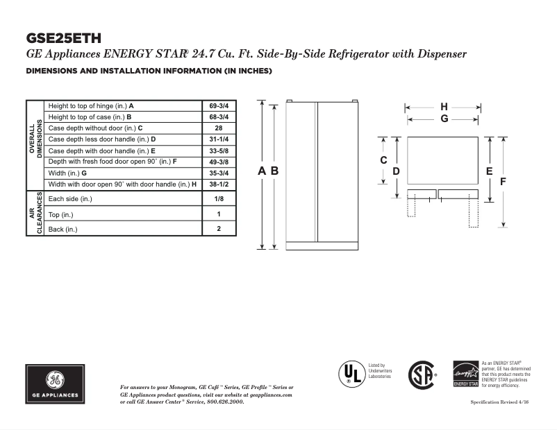 Page n°1 - Fiche technique GE GSE25ETHCC