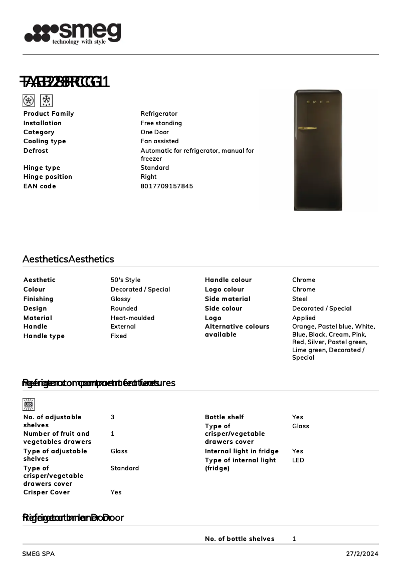 Page 1 de la notice Fiche technique Smeg FAB28RCG1