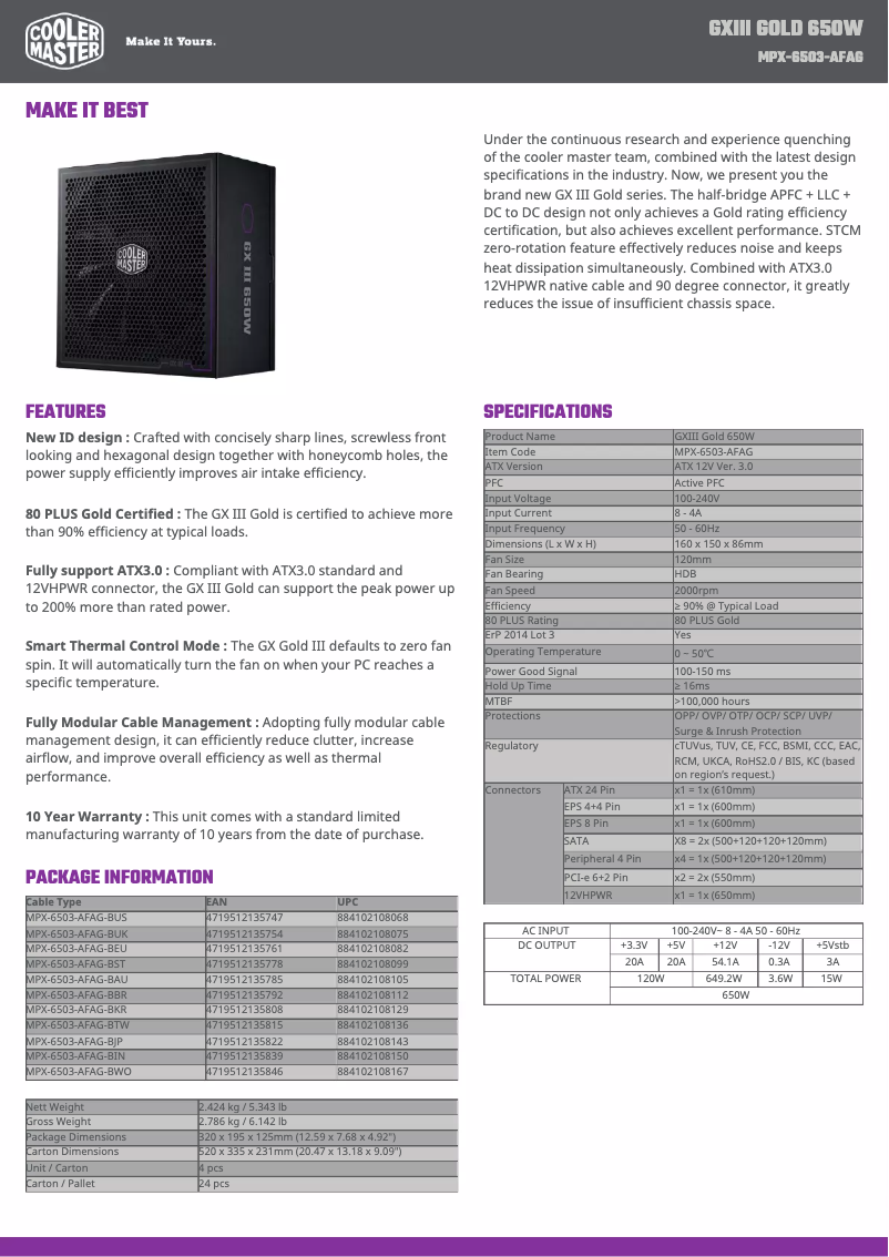 Page 1 de la notice Fiche technique Cooler Master GX III Gold 650
