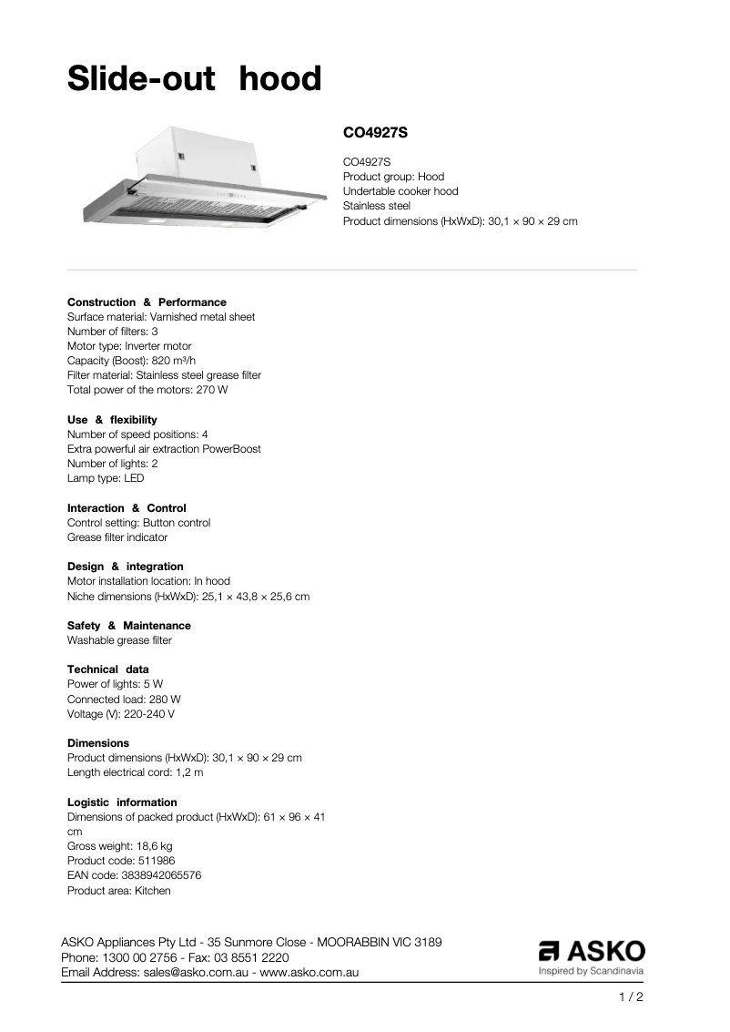 Page n°1 - Fiche technique Asko CO4927S