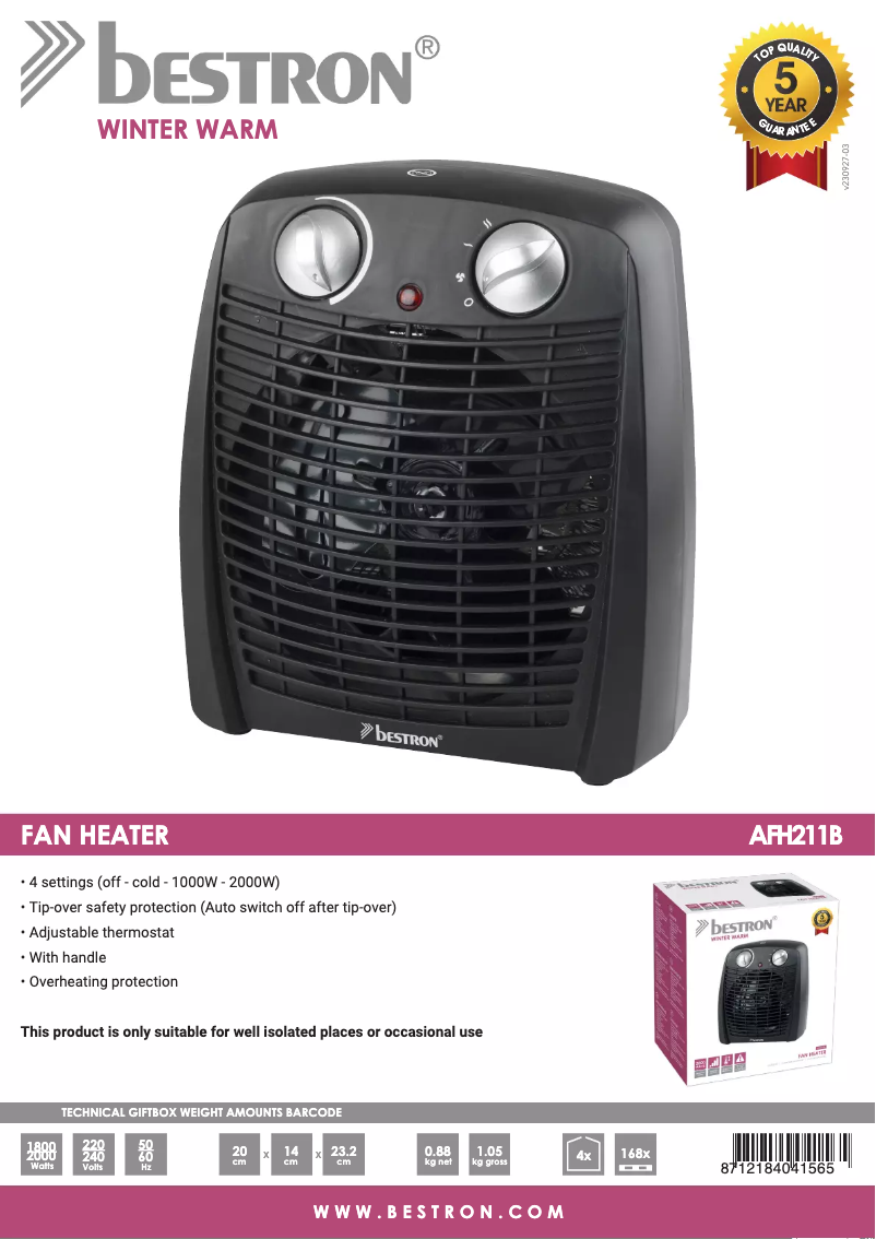 Page 1 de la notice Fiche technique Bestron AFH211B