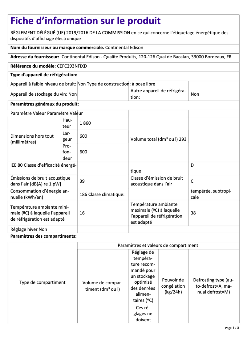 Page 1 de la notice Label énergétique Continental Edison CEFC293NFIXD