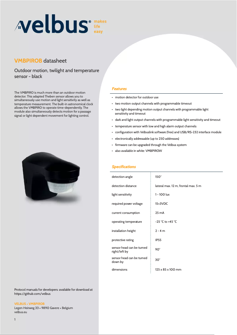 Page 1 de la notice Manuel utilisateur Velbus VMBPIROB