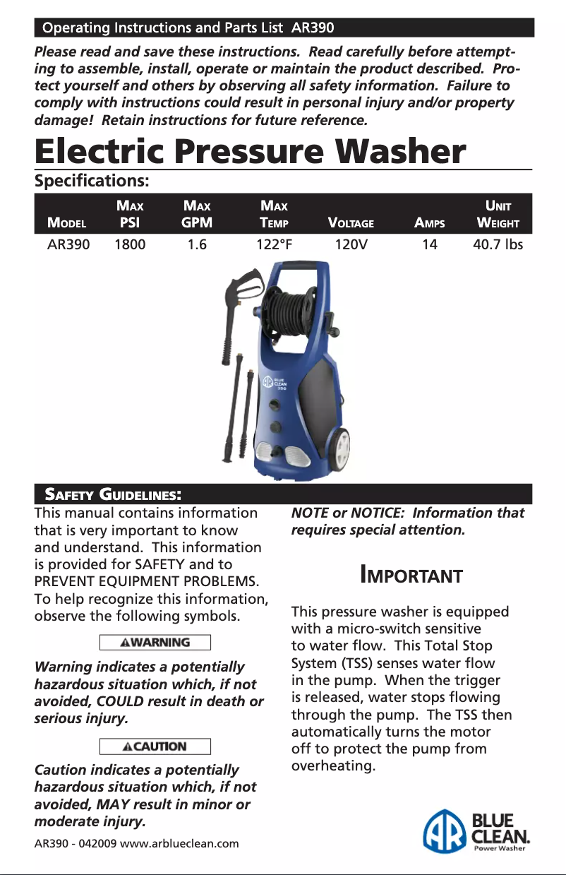 Page n°1 - Manuel utilisateur AR Blue Clean 390