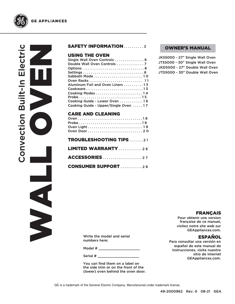 Page 1 de la notice Manuel d'utilisation et d'entretien GE JTS5000SNSS