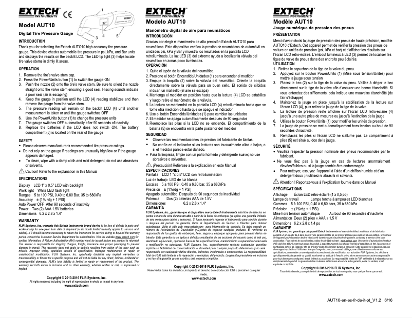 Page 1 de la notice Manuel utilisateur Extech AUT10