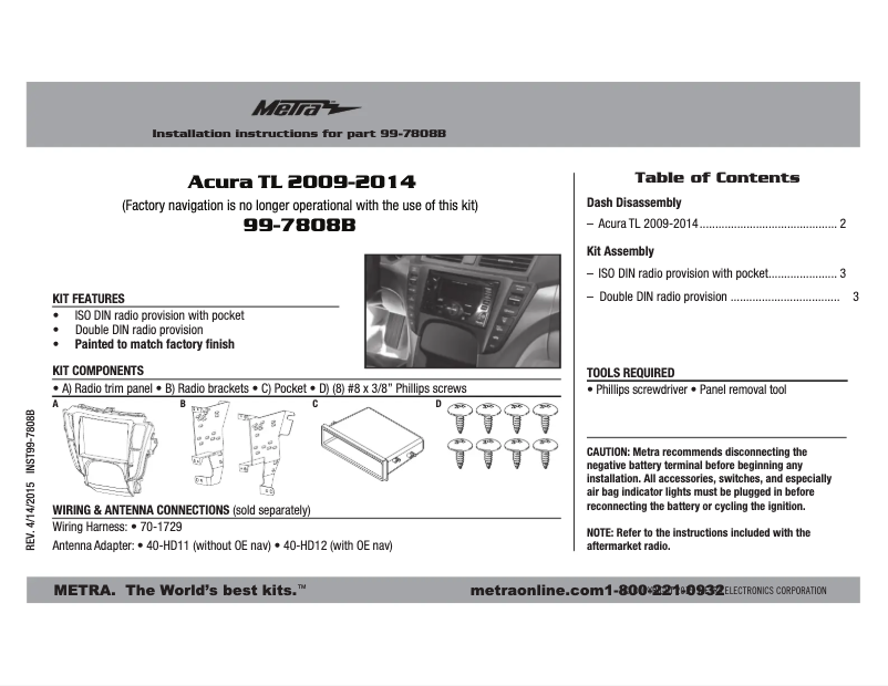 Page 1 de la notice Mode d'emploi Metra 99-7808B