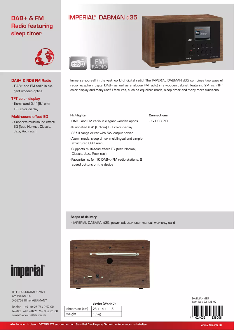 Página 1 del manual Ficha técnica Imperial DABMAN d35