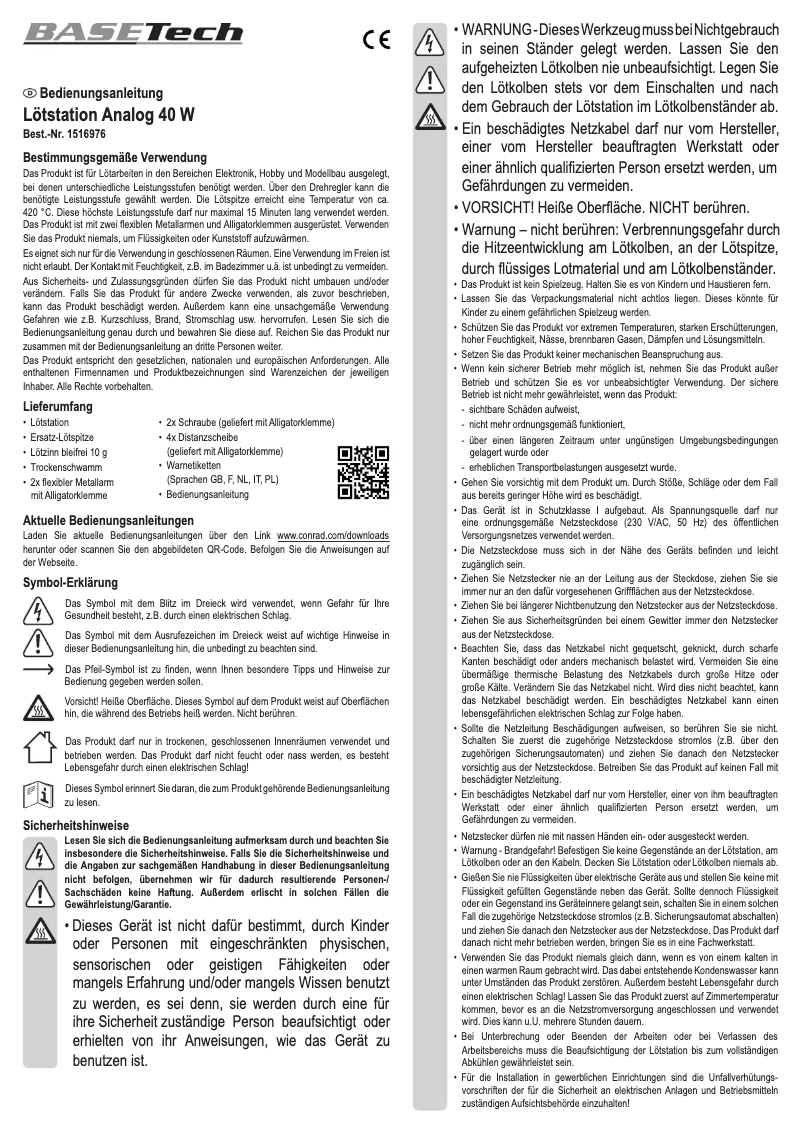 Page 1 de la notice Manuel utilisateur BaseTech 1516976