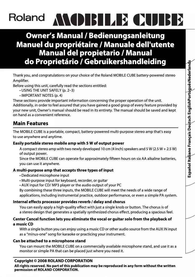 Page 1 de la notice Manuel utilisateur Roland Mobile Cube