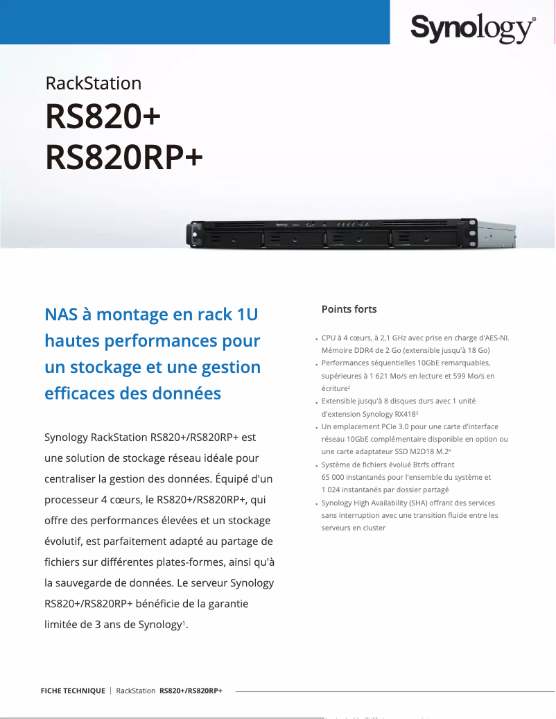 Page 1 de la notice Fiche technique Synology RackStation RS820RP+