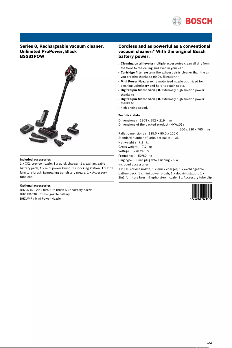 Page n°1 - Fiche technique Bosch Unlimited ProPower BSS81POW
