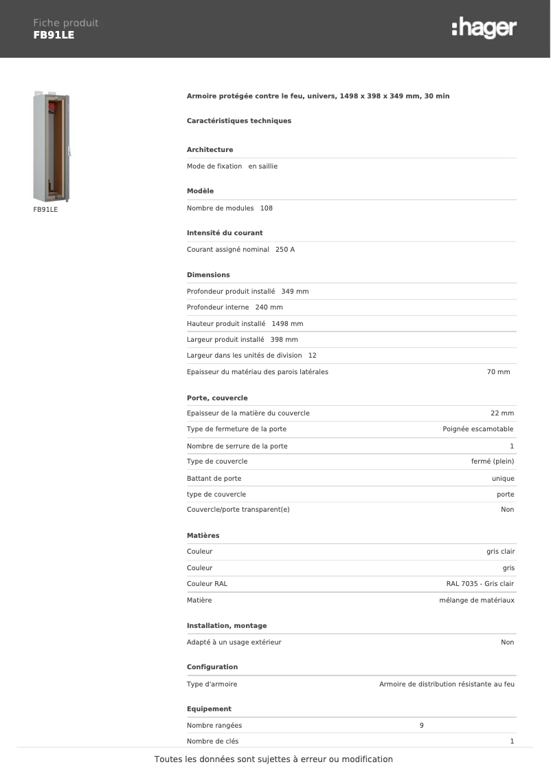 Page n°1 - Fiche technique Hager FB91LE