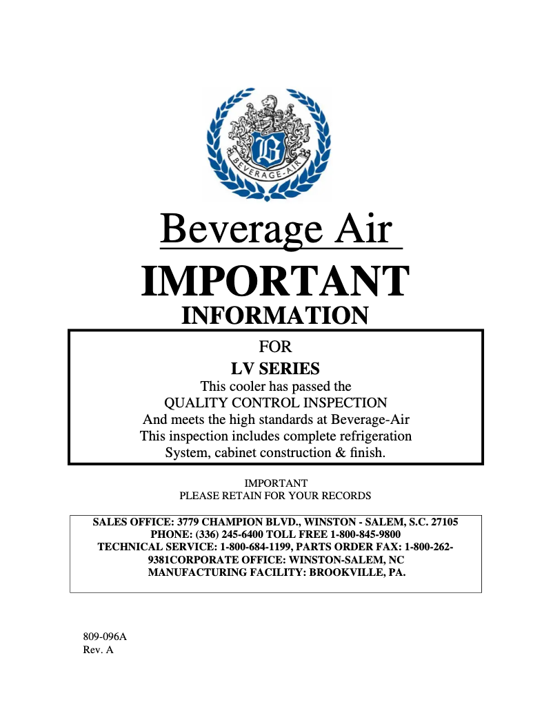 Page 1 de la notice Manuel utilisateur Beverage-Air LV17-1
