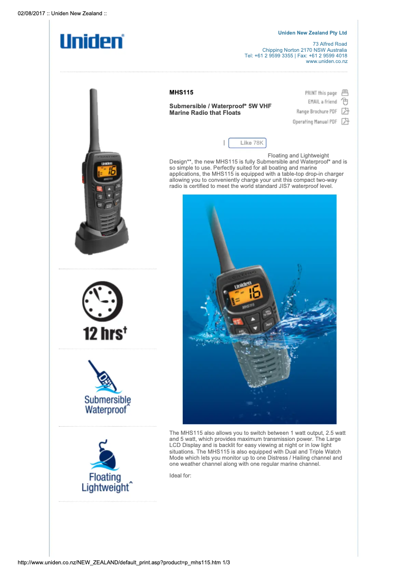 Página 1 del manual Ficha técnica Uniden MHS115