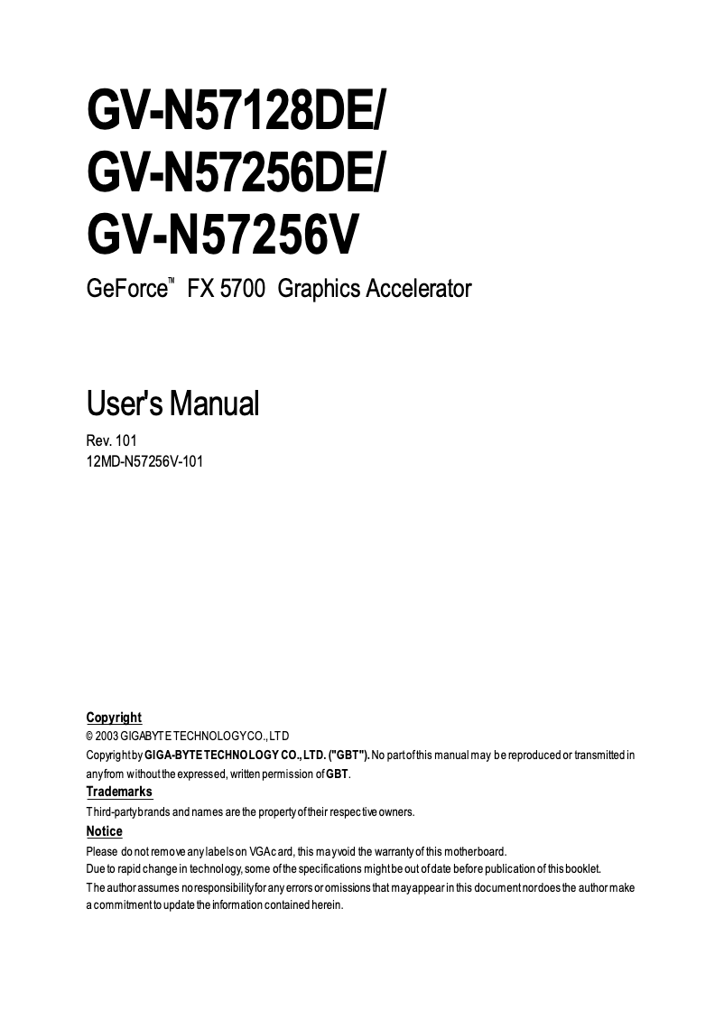 Page 1 de la notice Manuel utilisateur Gigabyte GV-N57128DE