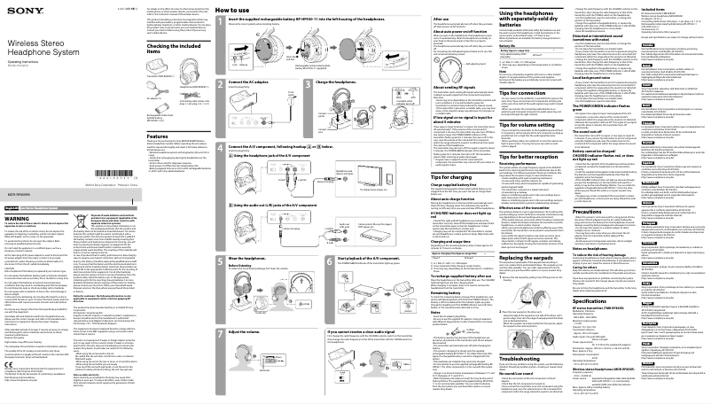Image de la première page du manuel de l'appareil MDR-RF855RK