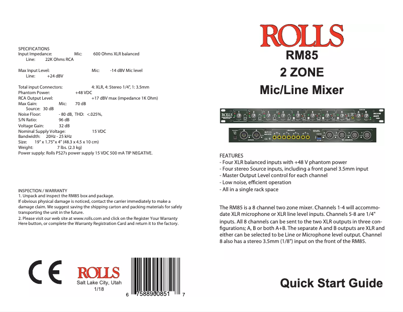 Page 1 de la notice Manuel utilisateur Rolls Mic/Line Mixer RM85