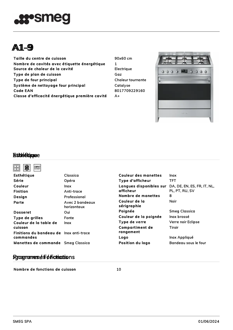 Page 1 de la notice Fiche technique Smeg A1-9