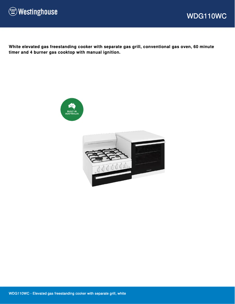 Page 1 de la notice Fiche technique Westinghouse WDG110WC