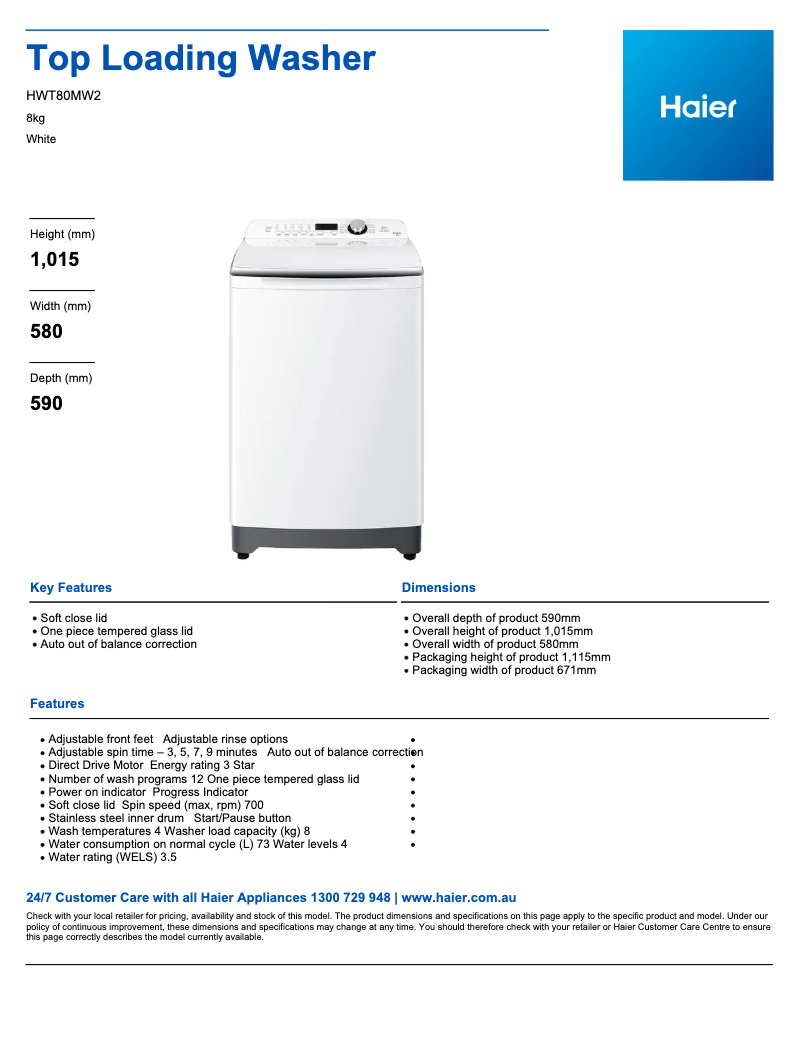 Page 1 de la notice Fiche technique Haier HWT80MW2