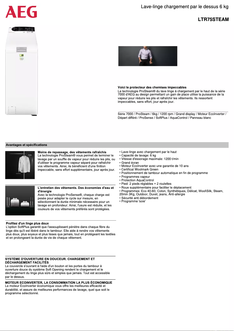 Page 1 de la notice Fiche technique AEG LTR75STEAM