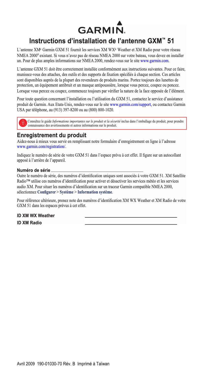 Page 1 de la notice Guide d'installation Garmin GXM 51