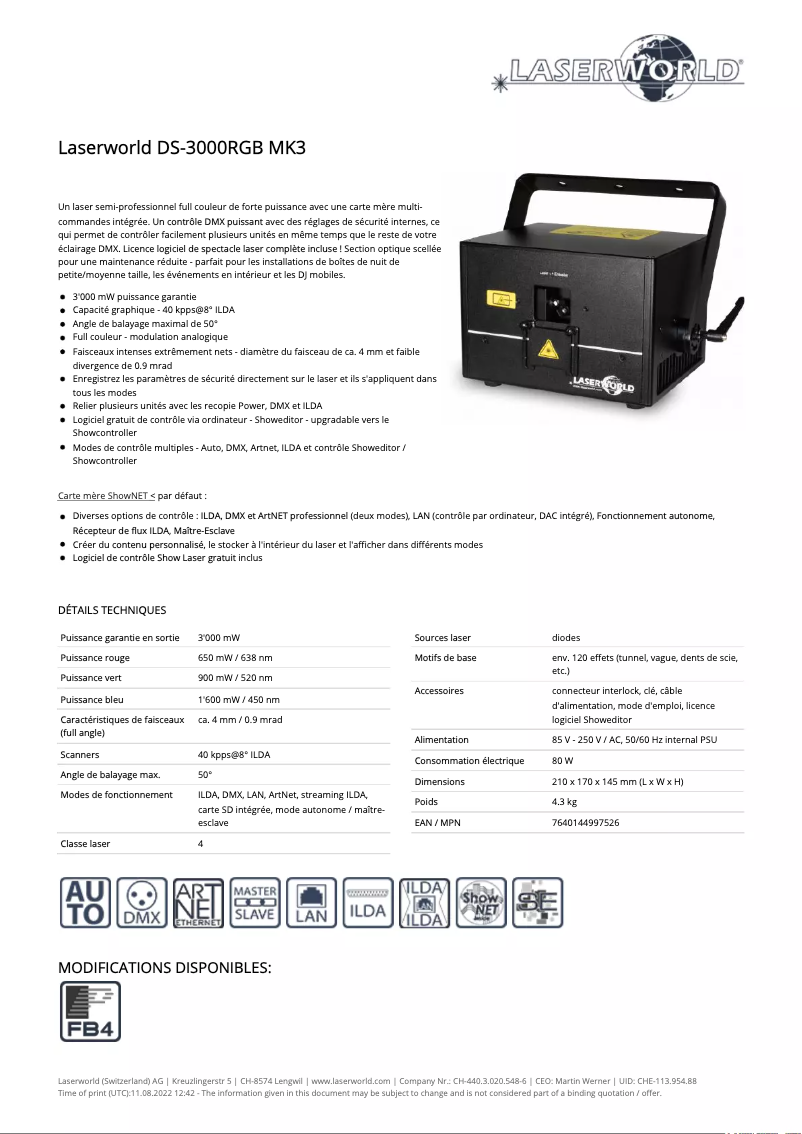 Página 1 del manual Ficha técnica Laserworld DS-3000RGB MK3