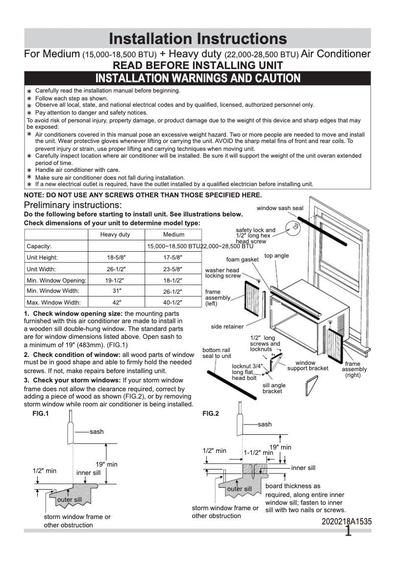 Page n°1 - Guide d'installation Frigidaire FFRA2922Q2