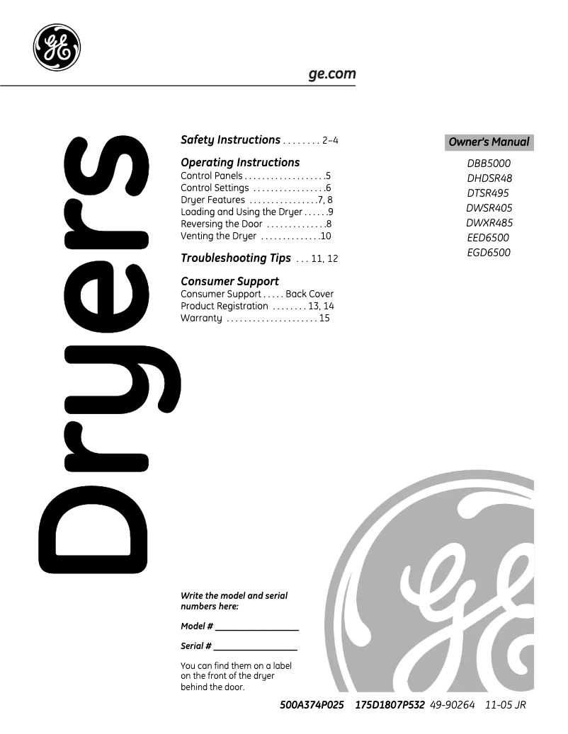 Page n°1 - Manuel d'utilisation et d'entretien GE Adora DHDSR48EFWW