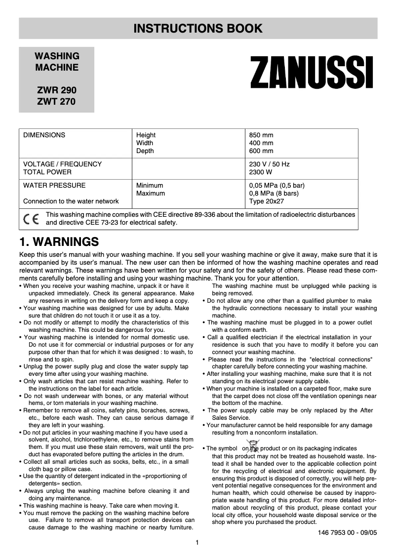 Page 1 de la notice Manuel utilisateur Zanussi ZWT 270