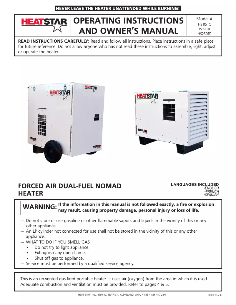 Page 1 de la notice Manuel utilisateur HeatStar NOMAD HS115TC