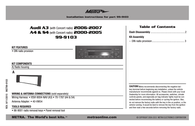 Page n°1 - Manuel utilisateur Metra 99-9103