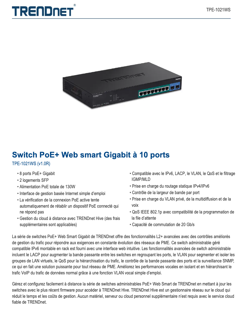 Page n°1 - Fiche technique TRENDnet TPE-1021WS