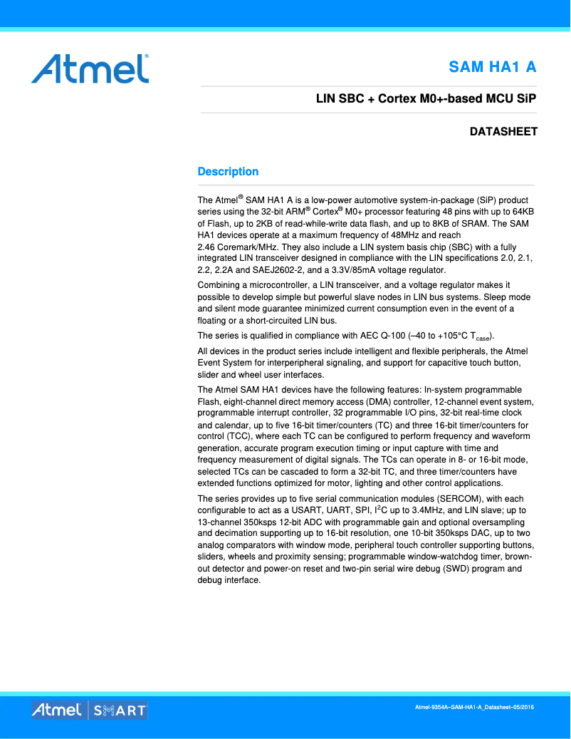 Page 1 de la notice Fiche technique Microchip ATSAMHA1G16A