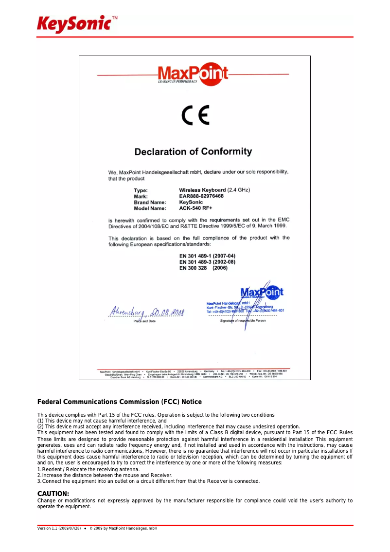 Image de la première page du manuel de l'appareil ACK-540RF+