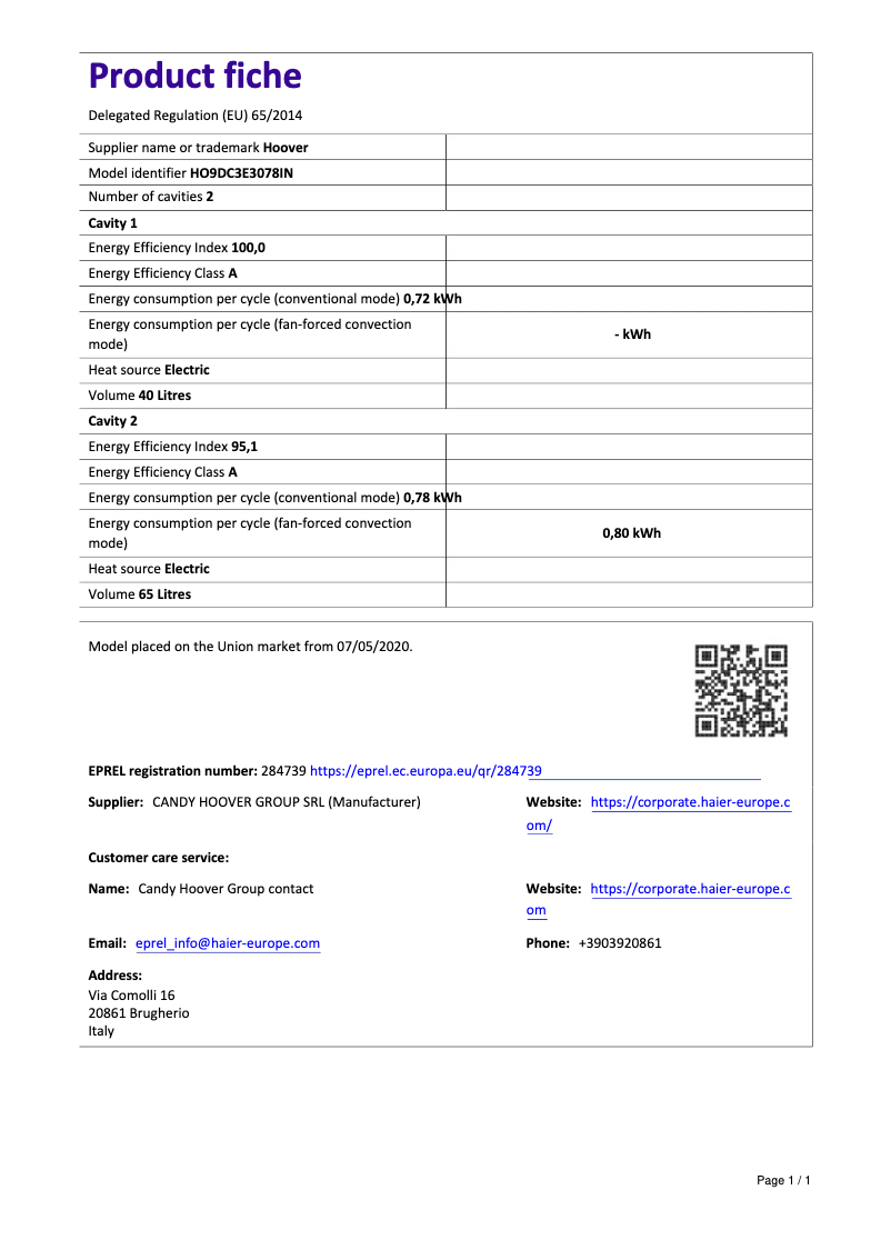 Page n°1 - Fiche technique Hoover H-OVEN 300 HO9DC3E3078IN