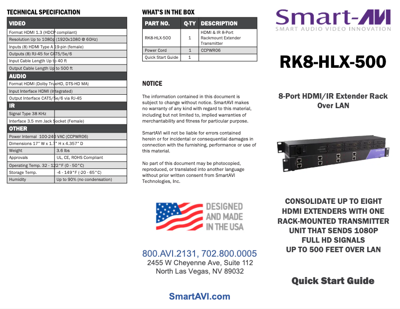 Page 1 de la notice Manuel utilisateur Smart-AVI RK8-HLX-500