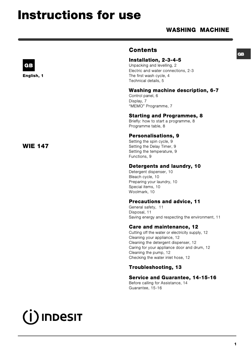 Page 1 de la notice Manuel utilisateur Indesit WIE 147 (UK) (TEV)