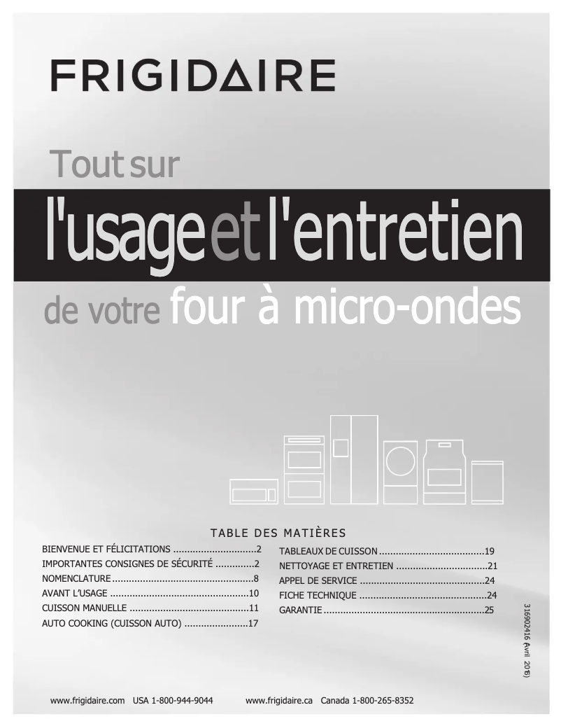 Page n°1 - Manuel utilisateur Frigidaire FFMV162LQ