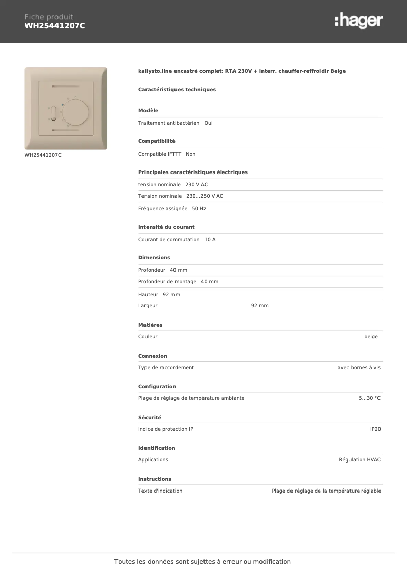 Page 1 de la notice Fiche technique Hager WH25441207C