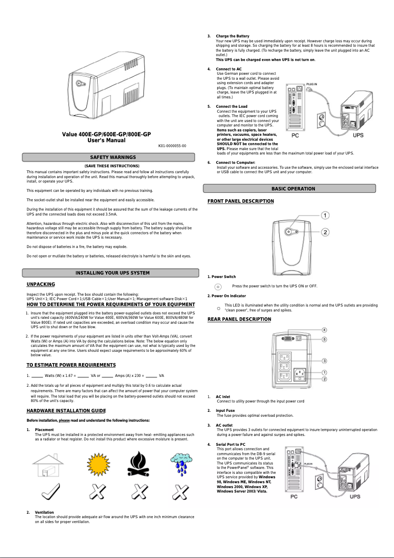 Page n°1 - Manuel utilisateur CyberPower VALUE800E-GP