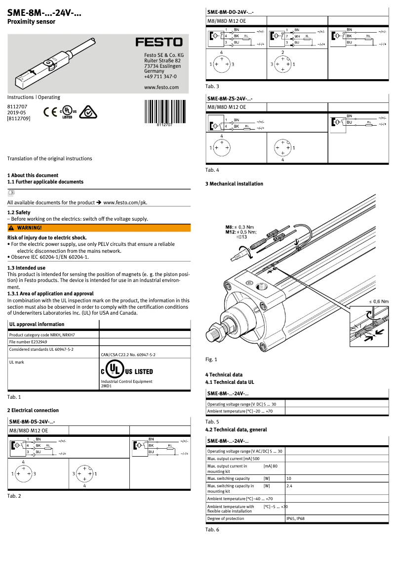 Page 1 de la notice Manuel utilisateur Festo SME-8M-DS-24V-K-7,5-OE