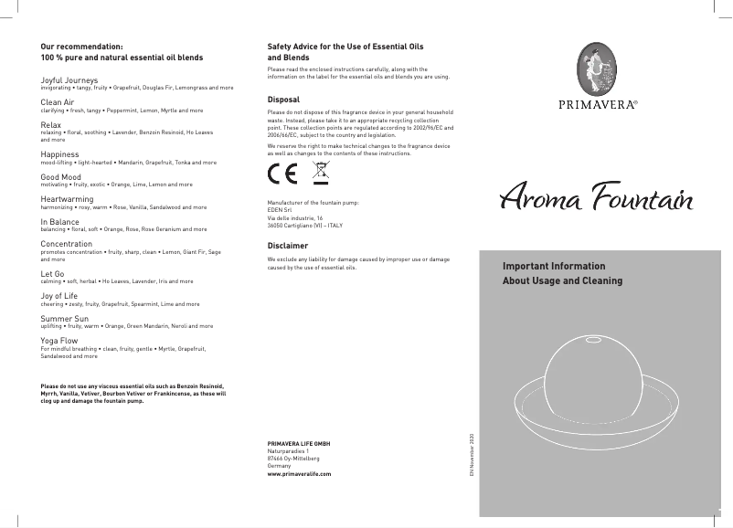 Page n°1 - Manuel utilisateur PRIMAVERA Aroma Fountain