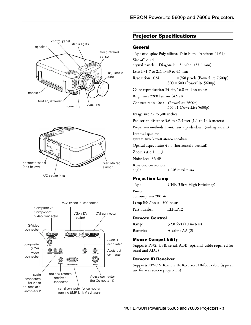 Page 1 de la notice Fiche technique Epson PowerLite 5600p