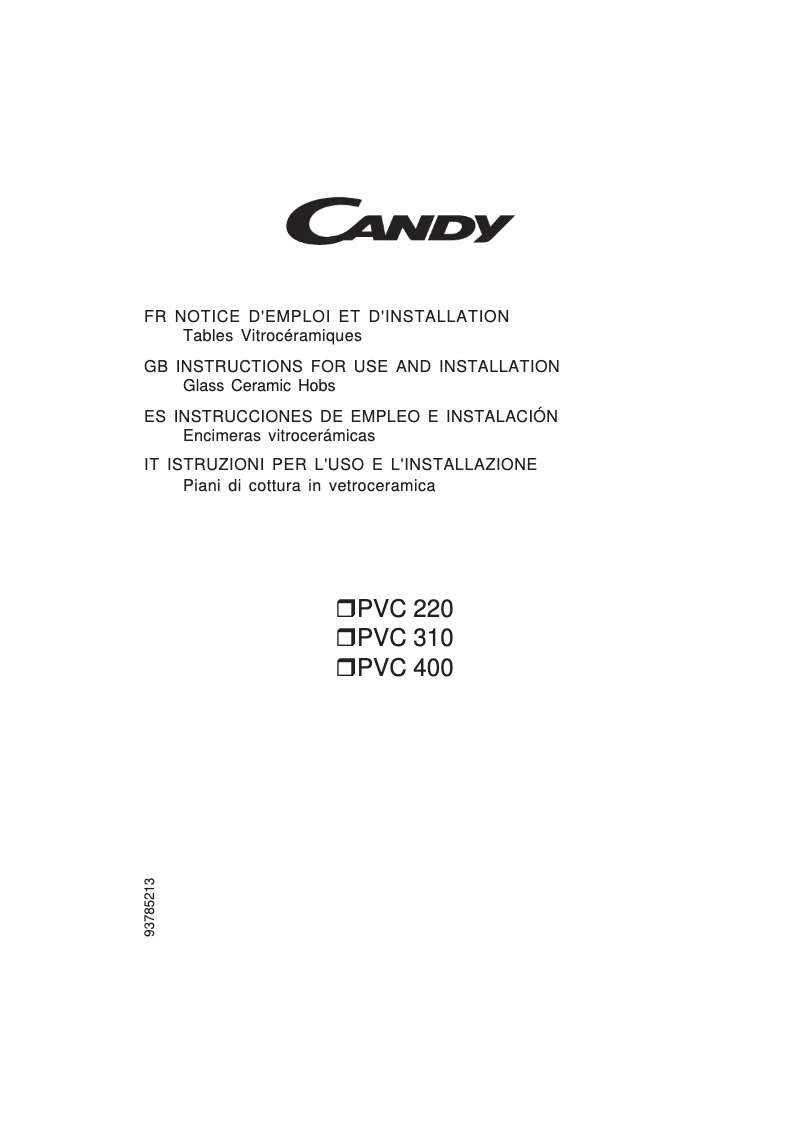 Page 1 de la notice Manuel utilisateur Candy PC PVC 400 N