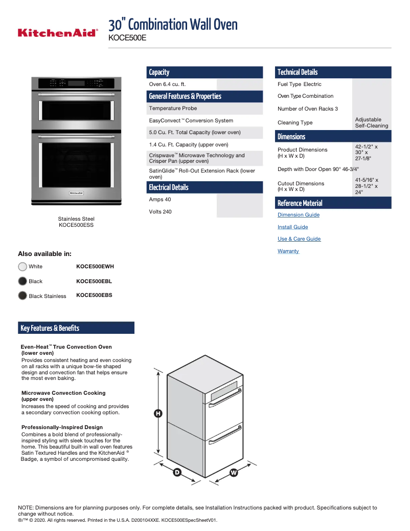 Page 1 de la notice Fiche technique KitchenAid KOCE500EWH